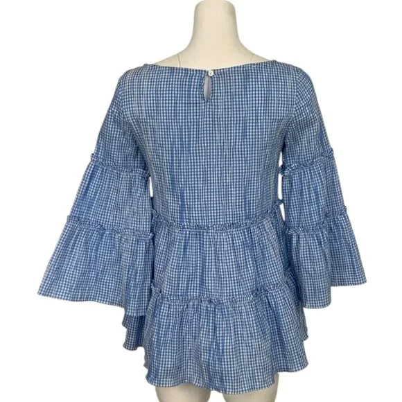 Sara Campbell Ruffle Tiered Tunic Top Blouse S Blue Gingham Bell Sleeve - Picture 2 of 14
